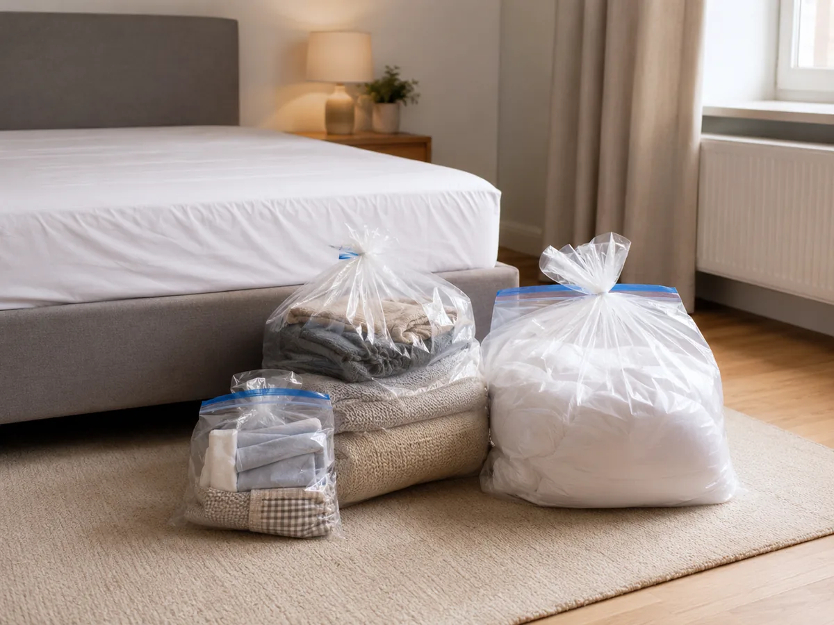 Geschlossen verpackte Bettwäsche und Textilien bei Bettwanzenverdacht