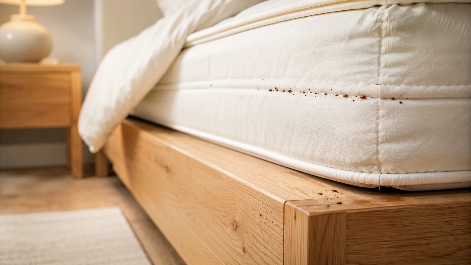 Bettwanzen-Spuren an Matratzenkante und Bettgestell in einem Schlafzimmer