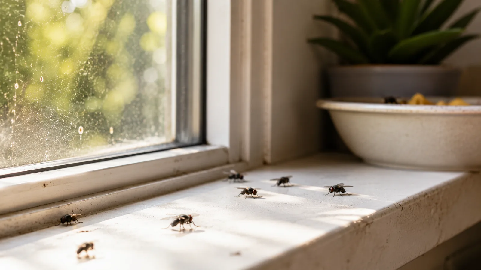 Mehrere Fliegen an Fenster oder Innenraum als Hinweis auf eine Brutquelle