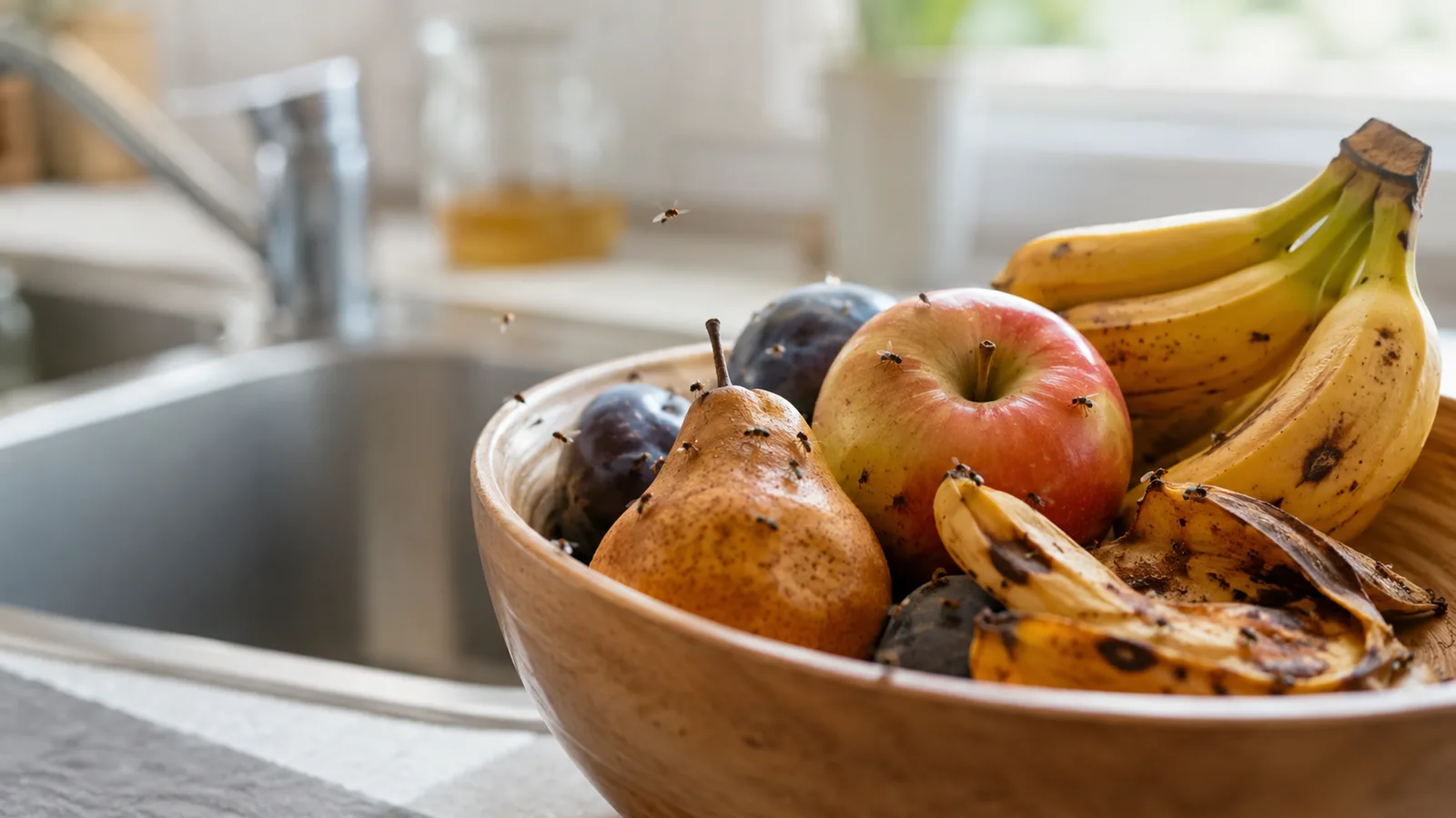 Fruchtfliegen an Obstschale, Biomüll oder Spüle