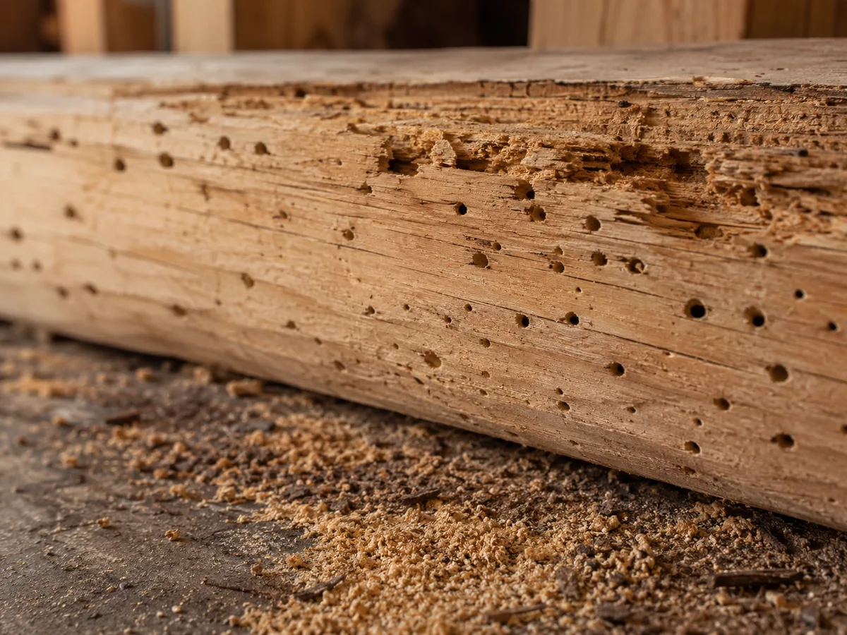 Klares Vorschaumotiv zu Holzbefall und Bohrmehl
